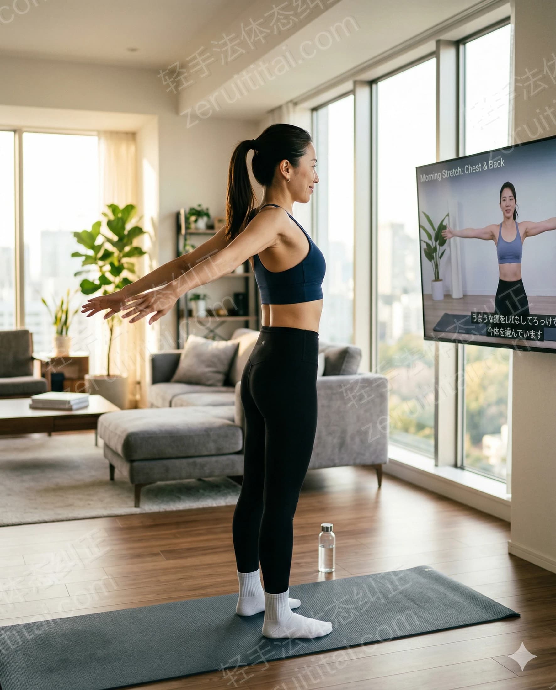 过度伸展脊柱的错误动作示例：站姿扩胸抬胸拉伸