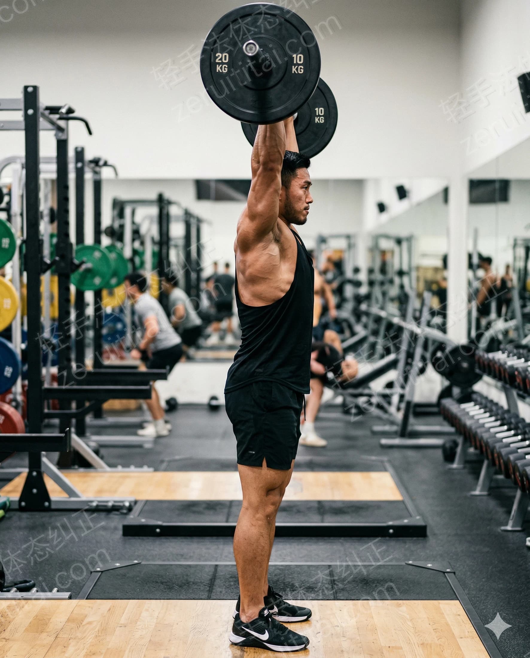 直接在脊柱上施加压力的错误动作示例：杠铃推举