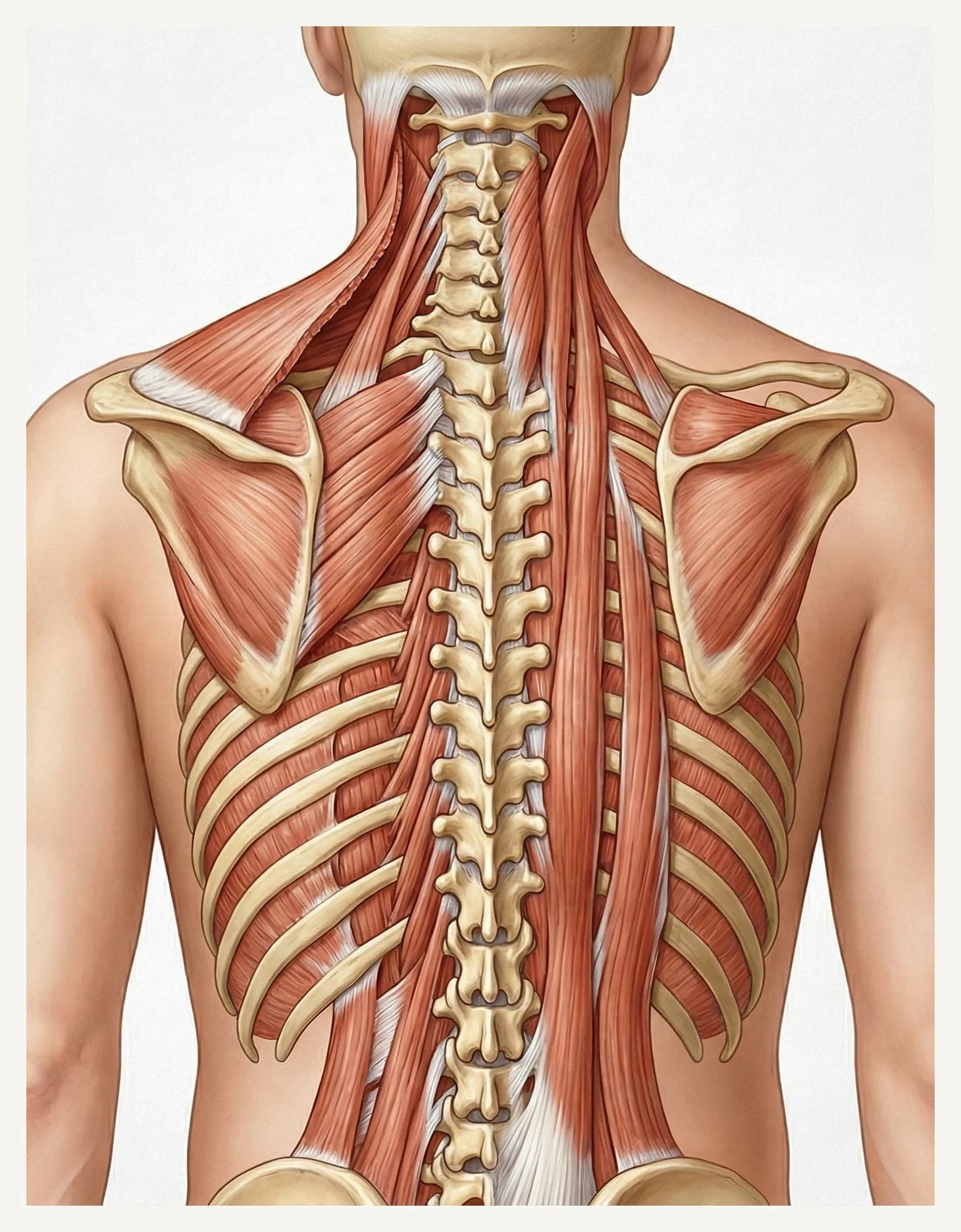 背部肌肉解剖图，显示背部肌肉主要分布在脊柱两侧，脊柱正后方没有直接把椎骨往后拉回的肌肉线